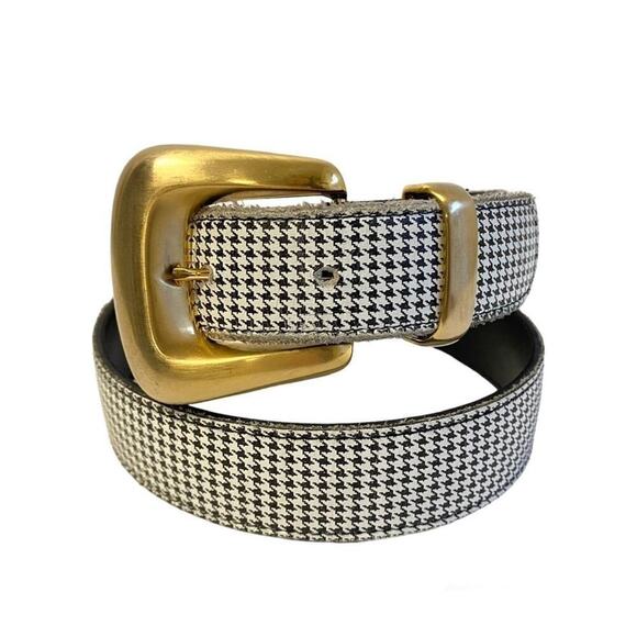 Vintage Houndstooth Belt Leather Gold Buckle Mini Print Statement Womens Medium - Picture 1 of 10